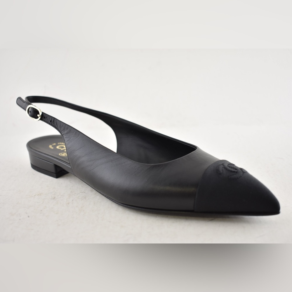 Chanel 24A Black Leather CC Logo Coco Sling Slingback Pointed Ballet Flat 38.5 - Picture 5 of 16